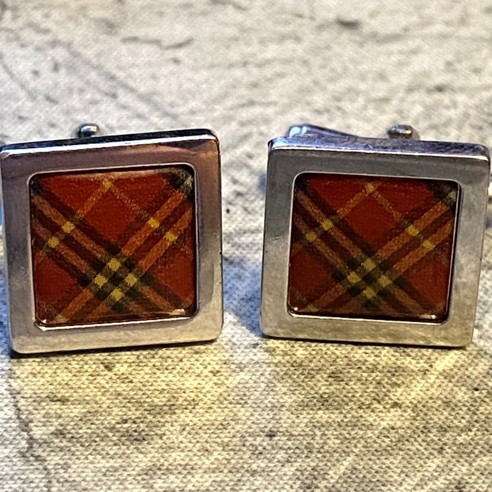 Vintage Burberry Cufflinks Sterling Silver Red Nova Check Pattern